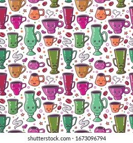 Vector illustration coffee cups. Kawaii emoji. Cute kawaii style