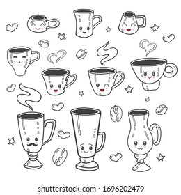 Vector illustration coffee cups. Kawaii emoji. Cute kawaii style