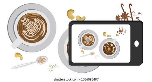 vector illustration of coffee cups and mobile phone photo of drinks for social media and foodstyle concepts 