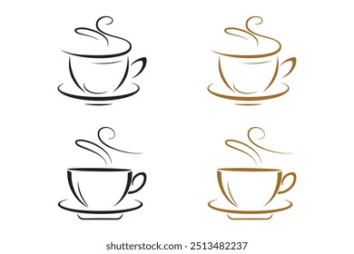 A vector illustration of coffee cups. One is drawn in black and the other cup is depicted in gold. Both cups are stylized with simple, clean lines and feature subtle swirls of steam rising from them.