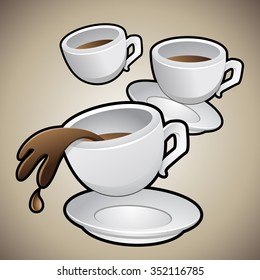 Vector Illustration of Coffee Cups with Saucers isolated on a brown background