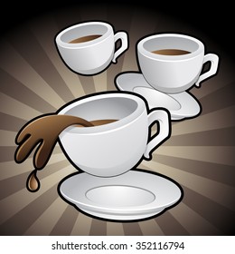 Vector Illustration of Coffee Cups with saucers on a brown background