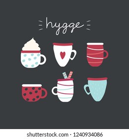 Vector illustration with coffee cups and the word ''Hygge'', perfect for menu, banners, etc.