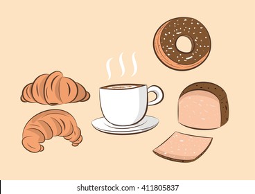 vector illustration of coffee  with donut, bread and croissant