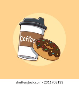 Vector illustration of a coffee and donut in cartoon style.