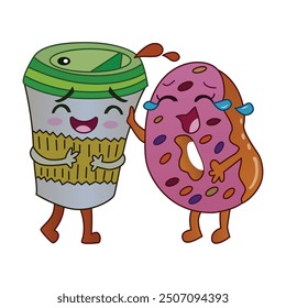 Vector illustration of coffee and donut cartoon