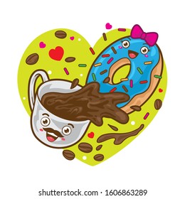 vector illustration of coffee and donut. sweet food couple. 