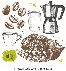 Vector illustration with coffee drinks. Decorative elements for your design. Set of hand drawn cup, geyser, beans. Black and white sketch.