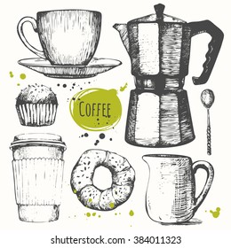 Vector illustration with coffee drinks. Decorative elements for your design. Set of hand drawn cup, donut, cupcake, milk. Black and white sketch.