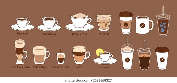 Vector illustration of coffee drinks including espresso, latte, cappuccino, and takeaway cups. Flat brown icon set, isolated objects.