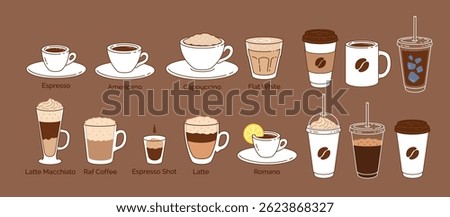 Vector illustration of coffee drinks including espresso, latte, cappuccino, and takeaway cups. Flat brown icon set, isolated objects.