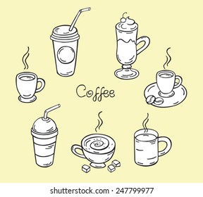 Vector illustration coffee, coffee, coffee drinks, latte, cafe, espresso, black and white coffee 