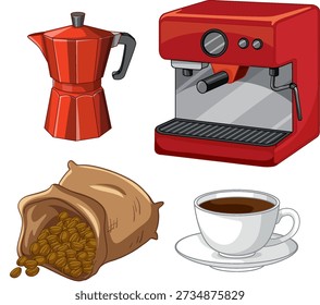 Ilustración vectorial de equipos de café incluyendo máquina de café espresso rojo, moka pot, y frijoles asados