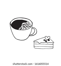 Vector illustration, coffee with foam in a cup and a cake with berries and a sweet heart
