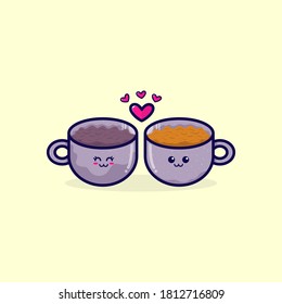 Vector illustration of coffee glass and tea glass falling in love. Perfect for beverage products.