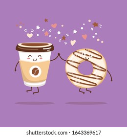 Vector illustration of coffee to go cup and a creamy donut with chocolate. Kawaii food characters. Couple of smiling hot beverage and a sweet snack. Cute card and poster design for a cafe or a bakery.