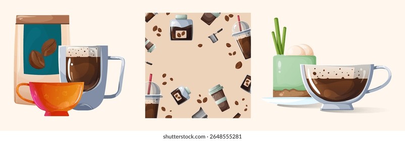A vector illustration of coffee graphics: coffee containers and an bag for storing beans; a frame made of coffee beans, jars, and plastic cups; featuring a hot beverage and a sweet pistachio dessert.