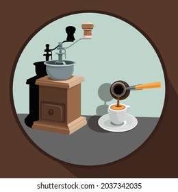 Vektorgrafik , eine Kaffeemaschine grindet natürlich, Kornkaffee, Die Tasse ist mit duftendem, frischem, gebrühtem, natürlichem, aromatischem Kaffee gefüllt. Das Vektorbild ist in angenehmem Kaffee und Blau gehalten