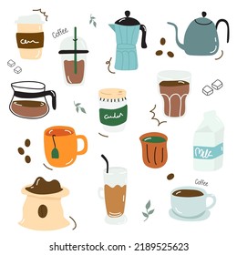 Vector Illustration  Coffee Hand Drawn
, Coffee, Tea, Soda Water. Isolated Background.