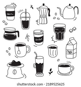 Vector Illustration  Coffee Hand Drawn Black And White
, Coffee, Tea, Soda Water. Isolated Background.