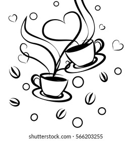 Vector illustration of coffee with hearts in black color.