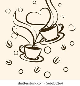 Vector illustration of coffee with hearts.Logo.