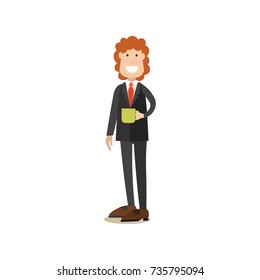 Vector illustration of coffee house director with cup of coffee drink. Coffee house people flat style design element, icon isolated on white background.