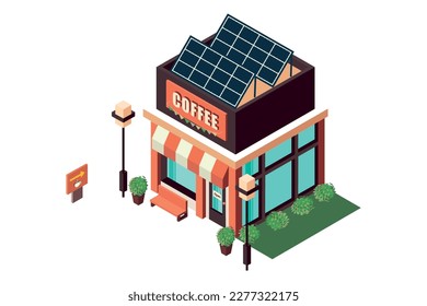 Vector illustration of a coffee house with solar panels on the roof, a street lamp, a bench and flowers. The image of a smart home, coffee shop, can be used as an icon, banner, advertisement .