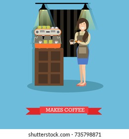 Vector illustration of coffee house worker female making coffee. Coffee shop interior with commercial espresso coffee automatic machine. Flat style design.