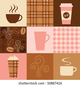 Vector illustration of coffee inspired elements. Seamless patterns (plaids and coffee beans) are included in swatch.