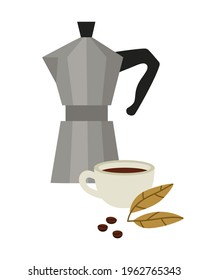 Vector illustration of a coffee kettle, cup of coffee, leaves and beans, isolated on white. Hand-drawn illustration in flat style. Suitable for cafes, coffee producers, and shops.
