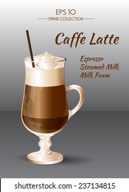 Vector illustration. Coffee Latte in transparent drinking glass cup. Food and drink collection