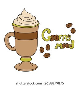 Ilustración vectorial de un café con leche con crema batida, granos de café dispersos y letras "Sentimiento de café" dibujadas a mano sobre fondo blanco.