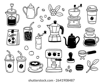 Vector Illustration of Coffee Line Art Set – Cafe and Shop, Food and Drink Concept, Hand-Drawn Doodle Style