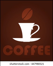 Vector  illustration Coffee Logo. White coffee cup and lettering on dark brown background.