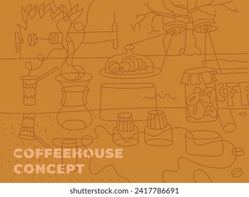 Vector illustration for coffee lovers. Glass coffeemaker. Creative surreal illustration. Coffee shop banner template. Coffee tasting concept. Cookies and croissants.