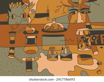 Vector illustration for coffee lovers. Glass coffeemaker. Creative surreal illustration. Coffee shop banner template. Coffee tasting concept. Cookies and croissants.