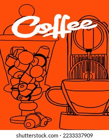 Vector illustration of coffee machine with coffee capsules. Cup with cappuccino, americano, espresso, mocha, latte, cocoa. Inscription of coffee. Coffee view for poster, postcards, magazines.