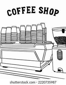Vector illustration of coffee machine. Cup with cappuccino, americano, espresso, mocha, latte, cocoa. Inscription of  coffee. Coffee view for poster, postcards, magazines, advertising.