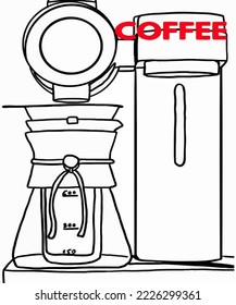 Vector illustration of coffee machine. Cup with cappuccino, americano, espresso, mocha, latte, cocoa. Inscription of coffee. Coffee view for poster, postcards, magazines, advertising.