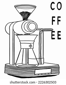 Vector illustration of coffee machine. Cup with cappuccino, americano, espresso, mocha, latte, cocoa. Inscription of coffee. Coffee view for poster, postcards, magazines, advertising.