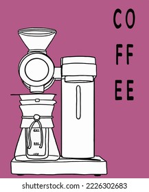 Vector illustration of coffee machine. Cup with cappuccino, americano, espresso, mocha, latte, cocoa. Inscription of coffee. Coffee view for poster, postcards, magazines, advertising.