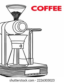 Vector illustration of coffee machine. Cup with cappuccino, americano, espresso, mocha, latte, cocoa. Inscription of coffee. Coffee view for poster, postcards, magazines, advertising.