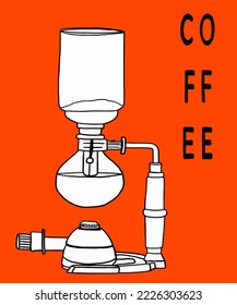 Vector illustration of coffee machine. Cup with cappuccino, americano, espresso, mocha, latte, cocoa. Inscription of coffee. Coffee view for poster, postcards, magazines, advertising.