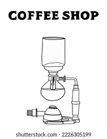 Vector illustration of coffee machine. Cup with cappuccino, americano, espresso, mocha, latte, cocoa. Inscription of coffee. Coffee view for poster, postcards, magazines, advertising.