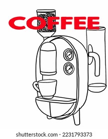 Vector illustration of coffee machine. Cup with cappuccino, americano, espresso, mocha, latte, cocoa. Inscription of coffee. Coffee view for poster, postcards, magazines, advertising.