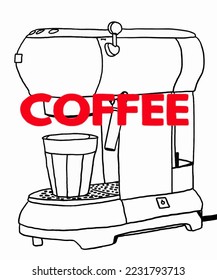 Vector illustration of coffee machine. Cup with cappuccino, americano, espresso, mocha, latte, cocoa. Inscription of coffee. Coffee view for poster, postcards, magazines, advertising.