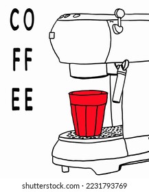 Vektorgrafik der Kaffeemaschine. Cup mit Cappuccino, Kamericano, Espresso, Mocha, Latte, Kakao. Einschreibung von Kaffee. Kaffeesicht für Poster, Postkarten, Zeitschriften, Werbung.