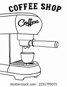 Vector illustration of coffee machine. Cup with cappuccino, americano, espresso, mocha, latte, cocoa. Inscription of coffee shop. Coffee view for poster, postcards, magazines, advertising.