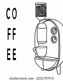 Vector illustration of coffee machine. Cup with cappuccino, americano, espresso, mocha, latte, cocoa. Inscription of coffee. Coffee view for poster, postcards, magazines, advertising.